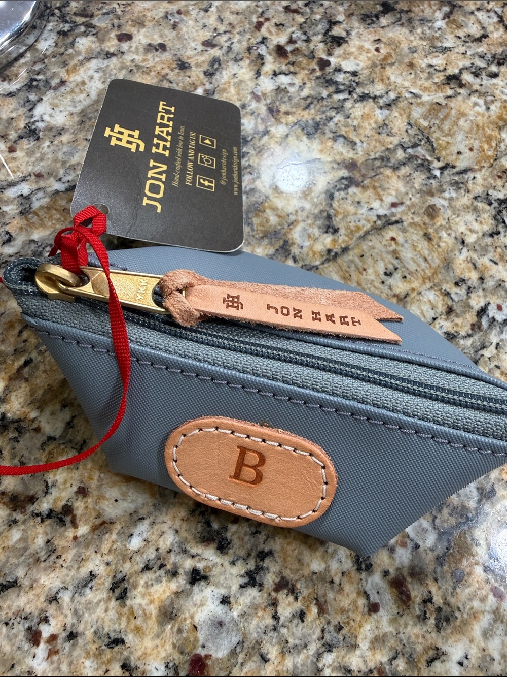 Jon Hart Gray Cosmetic Pouch with Tan Leather Trim